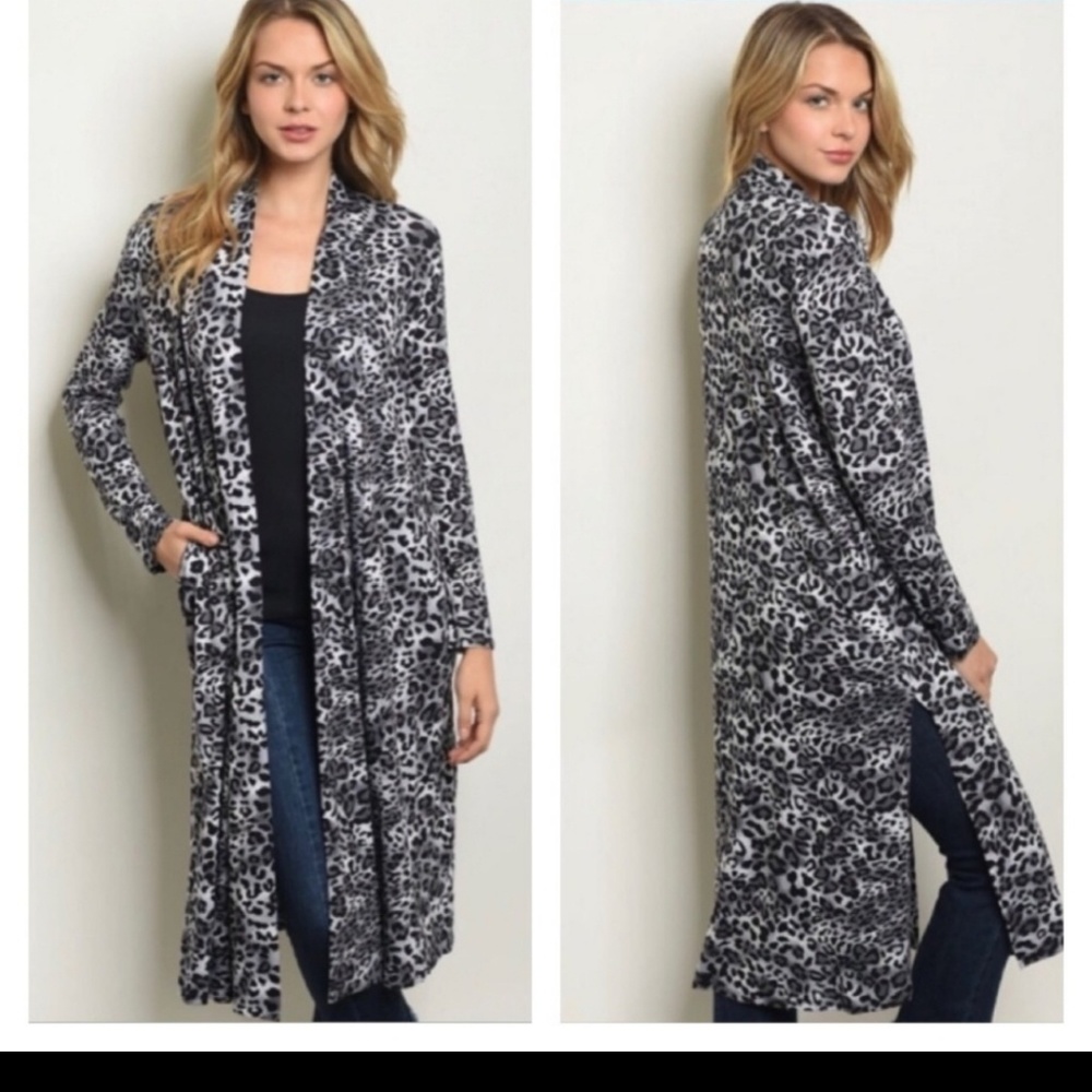 Leopard Print Open Front Long Cardigan - Picture 1 of 4